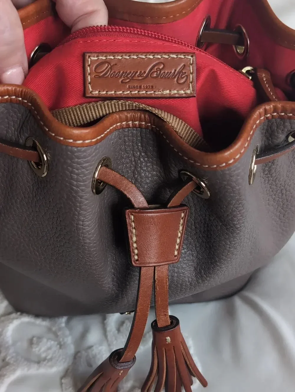 Dooney & Bourke Tasseled Leather Drwstring Bucket Shoulder Bag Taupe/British Tan